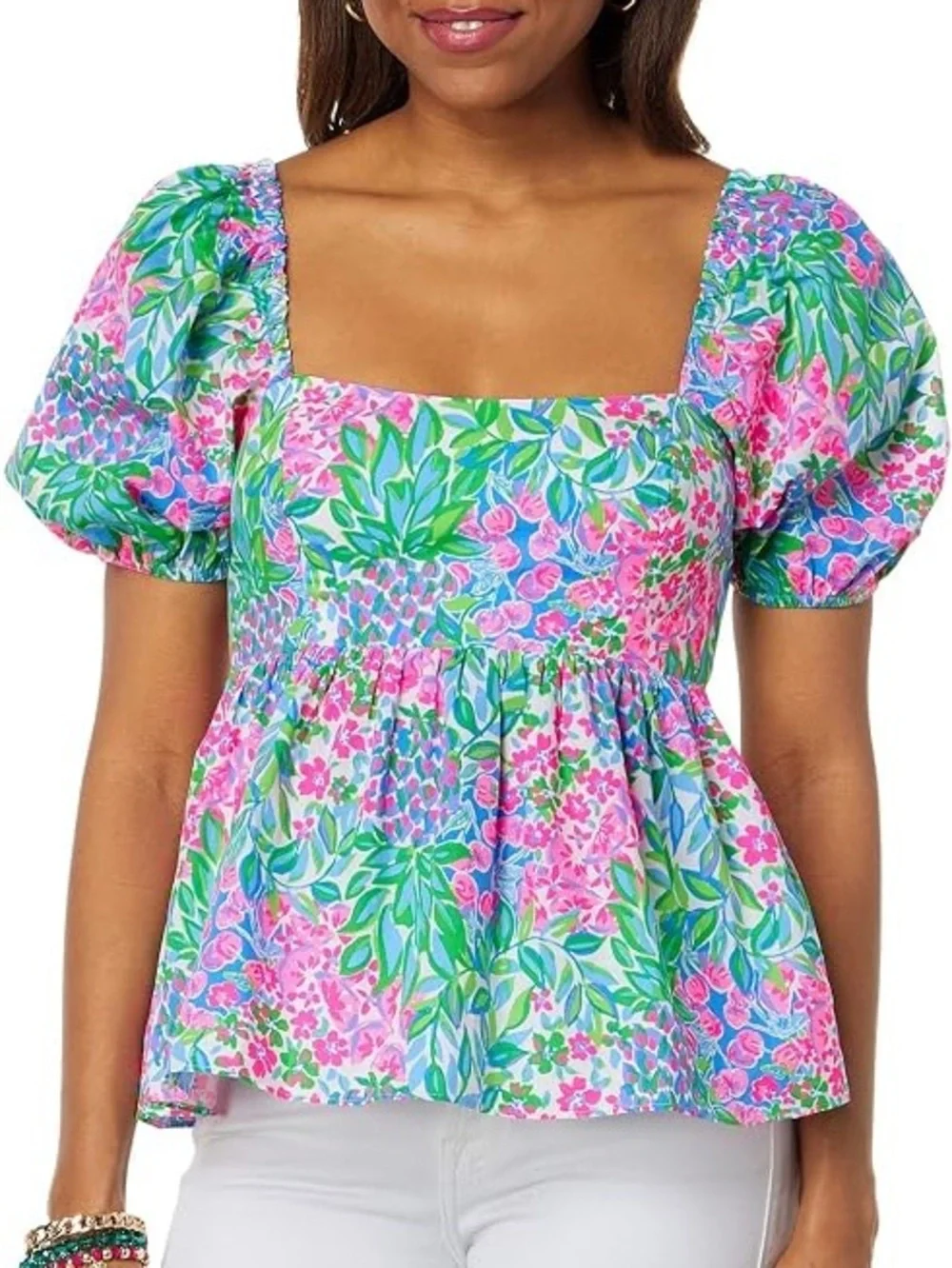 Lilly Pulitzer Pink & Green Floral Square-Neck Peplum Blouse